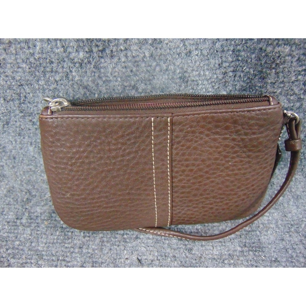 Coach Pebbled Leather Wristlet Brown Pouch Pink Lining Contrast Stitching Small‎